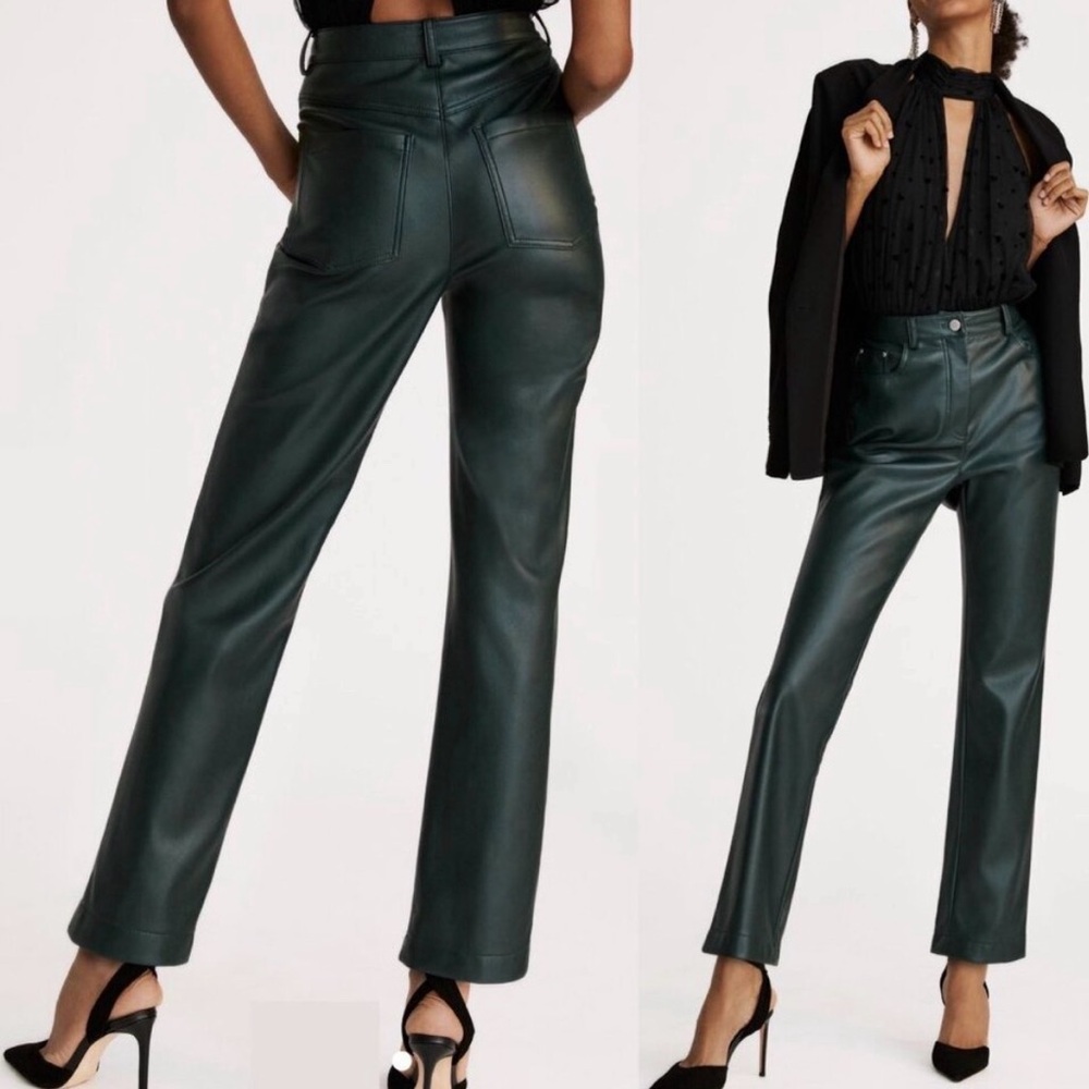 7 For All Mankind Dark Green Faux Leather Straight Leg Pants